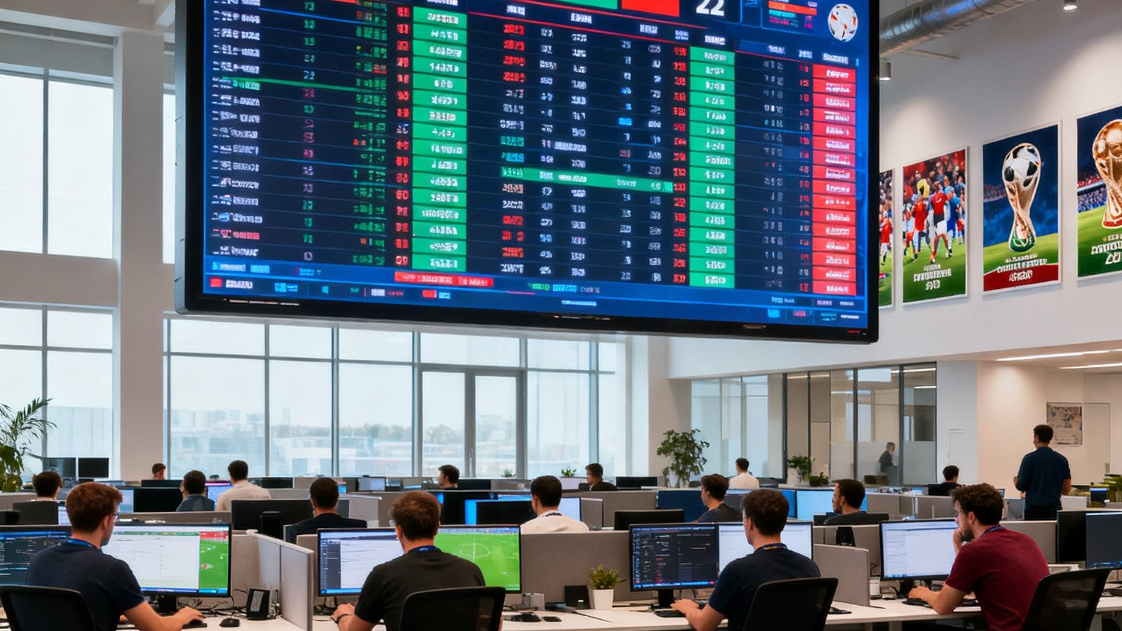 北京球迹数据科技公司总部办公室实景照片，开放式办公区中央悬挂巨型LED数据监控屏幕实时显示全球赛事比分流，三十余位数据工程师在工位上专注工作，墙面装饰着世界杯各届海报。