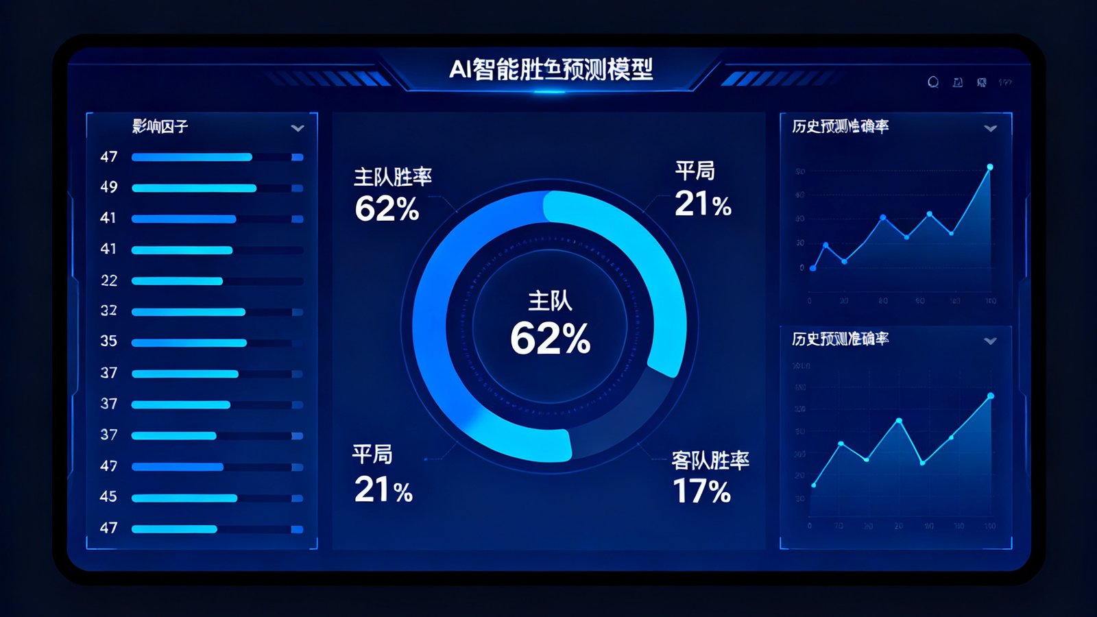 AI智能胜负预测模型主界面，中央大环形图展示主队胜率62%平局21%客队胜率17%，左侧面板列出47个影响因子的权重条，右侧展示历史预测准确率趋势线。